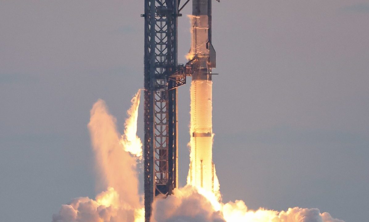 SpaceX Starship igniting during a test flight