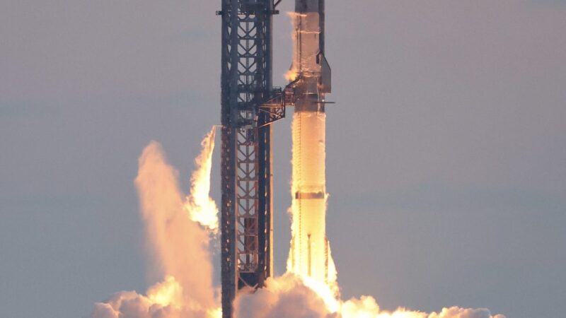SpaceX Starship igniting during a test flight