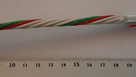 Close-up of optical fiber cable with color-coded strands