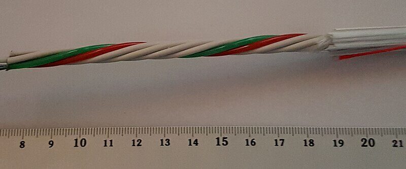 Close-up of optical fiber cable with color-coded strands