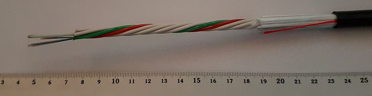 Close-up of optical fiber cable with color-coded strands